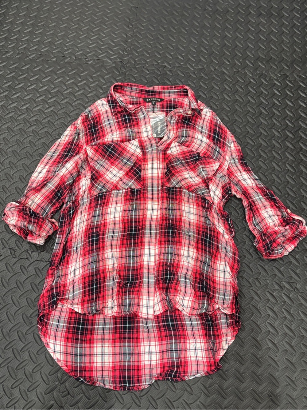 Express Red and Black Plaid Button-Down Shirt